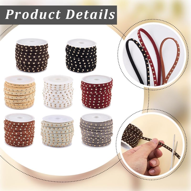 CALFOVERA 43.7 Yards 8 Colors Studded Lace Beading String Strips 5mm Flat Microfiber Leather Faux Suede Cord Rope Trim Ribbon with Golden Punk Rivets for Jewelry Making Necklaces Bracelets DIY Crafts - Image 5